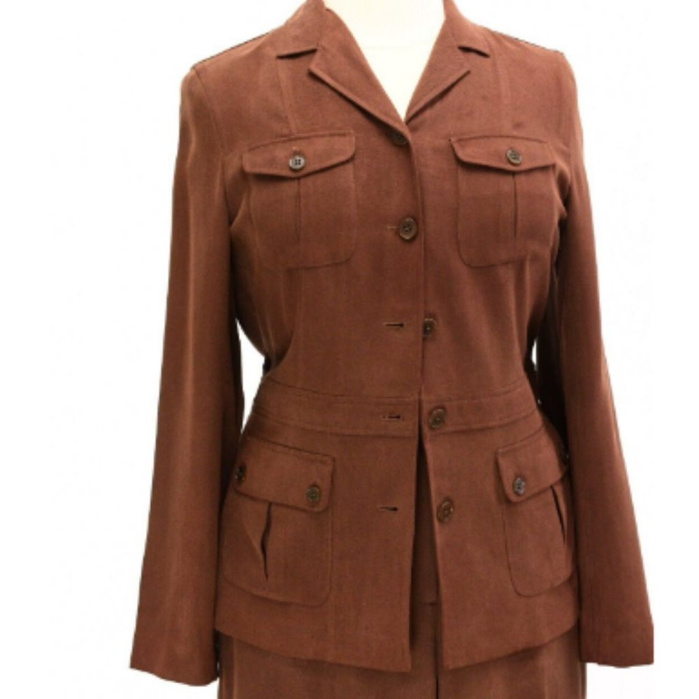 Lauren by Ralph Lauren Silk Linen blazer in rich brown, flap pockets 6 lined